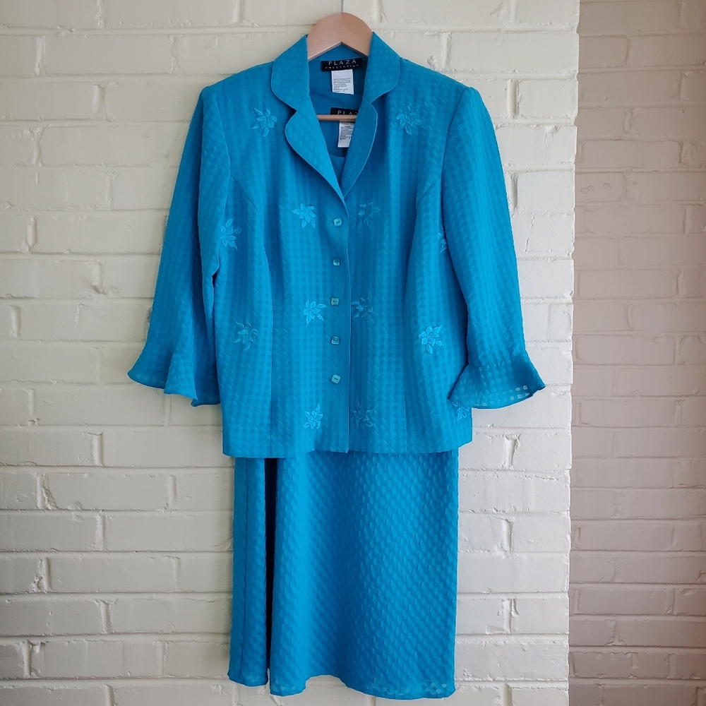 Vintage Plaza Collection Two Piece Dress Sheath And Jacket Set Size 10 Aqua Blue